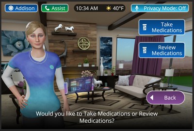 In this screenshot, Addison, the Virtual Caregiver™, walks users through the process of taking and reviewing medications.
