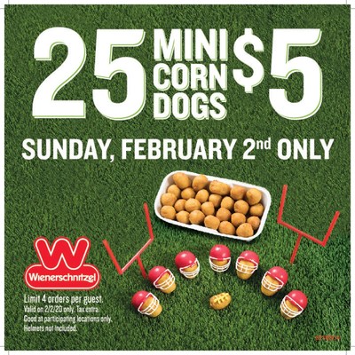 Be the Game Day MVP and pick up 25 delicious Mini Corn Dogs at Wienerschnitzel for only $5! These fan favorites are great additions to any party menu. This special price is only available Sunday, February 2nd at participating locations. Four orders per guest and tax is extra.