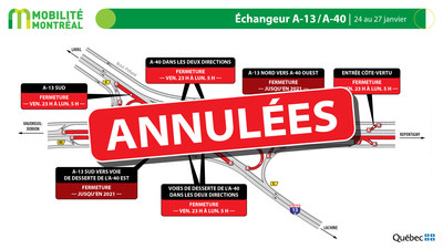 changeur des autoroutes 13 et 40 : travaux annuls fin de semaine 24 janvier (Groupe CNW/Ministre des Transports)