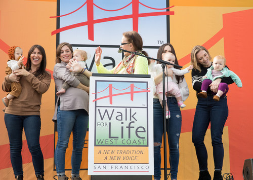 L-R: Moms Tjana Barrios-Chandler with Aurelius, Tessa Williams with Josephine Zelie, Walk for Life West Coast co-chair Eva Muntean, Clare Caputi with Mary Catharine, and Emily LaRochelle with Florence Rose at the 2020 Walk for Life West Coast.