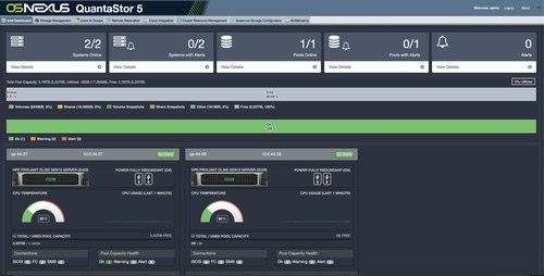 QuantaStor's new Storage Grid Dashboard with server thermals and power supply health.