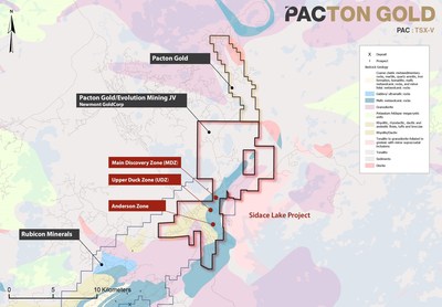 Figure 2. Geology map of the Sidace Lake project and Pacton’s Golden Loon property showing the location of the Main Discovery Zone, Upper Duck Zone, and Anderson Zone. (CNW Group/Pacton Gold Inc.)