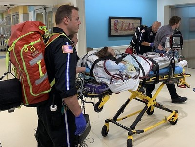 The first person to undergo a double lung transplant due to vaping, Daniel Ament, is wheeled out of one hospital on his way to Henry Ford Hospital to undergo transplant evaluation before the operation took place on Oct. 15, 2019. Daniel made his first public comments on Jan. 30, 2020. Photo: Hassan Nemeh