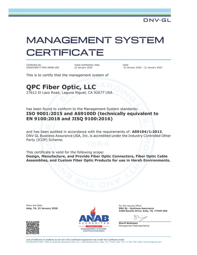 QPC Fiber Optic Achieves ISO 90012015 and AS9100D2016 Certification