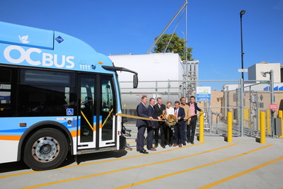 State and local transportation officials from the Orange County Transportation Authority cut the ribbon on a new hydrogen fueling station, the largest in the nation for a transit agency, on Friday, Jan. 31. OCTA also unveiled a fleet of 10 fuel cell zero-emission buses. Photo courtesy of OCTA.