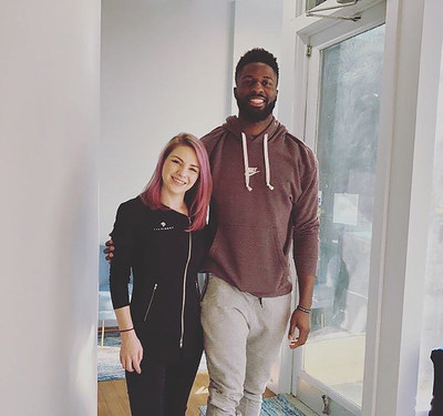 https://thefinery.net/ Brooklyn Nets player David Nwaba with Chelsea Marandola, Clinical Director at The Finery.  David was the first to be treated in The Finery's new location in downtown Brooklyn.