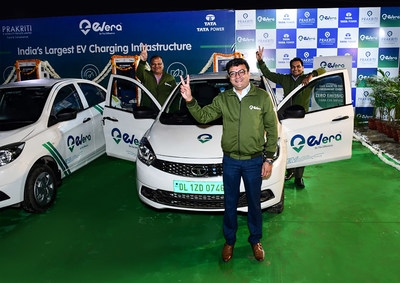 Mr. Nimish Trivedi (front), Mr. Vikas Bansal & Mr. Rajeev Tiwari, co-founders of Evera Cabs launching India's Largest EV Charging Infrastructure in New Delhi