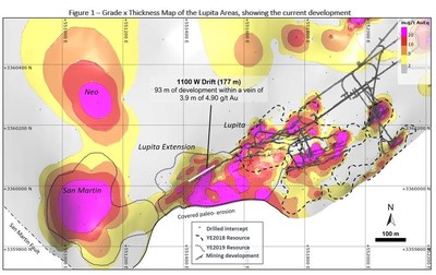 Figure 1 – Grade x Thickness Map of the Lupita Areas, showing the current development (CNW Group/Premier Gold Mines Limited)