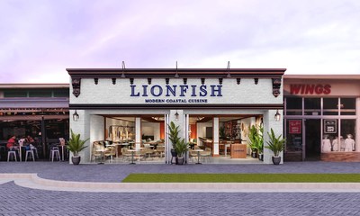 An exterior rendering of Lionfish, a Clique Hospitality restaurant launching at Delray Beach's Atlantic Avenue Spring 2020.