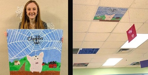 An Ezra Jack Keats Mini-Grant made it possible for 7th and 8th graders from Simons Middle School in Flemingsburg, KY, to paint key images from their favorite book onto 24" x 24" inch tiles. The program, called "Creative Cougar Tiles," (the cougar being the school's mascot) added color and character to the library. Pictured (L), a student holds up her finished tile, which represented the classic Charlotte's Web. At the end of the project, 25 tiles were added to the ceiling (R), which is now the the first thing students, employees and guests look at when they walk into the room, according to Pamela McGlone, Library Media Specialist, School Librarian.