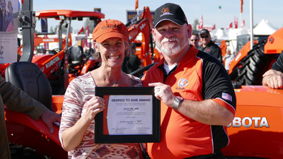 Kubota announces fifth full year of giving back to our nation's farmer veterans with higher horsepower tractors in its Geared to Give program with Farmer Veteran Coalition. Navy vet and first female recipient, Julie Hollars, received a compact tractor in 2016.