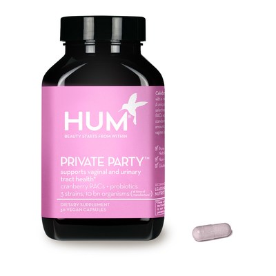 HUM Nutrition’s PRIVATE PARTY was specifically formulated with clinically-proven nutrients to support vaginal and urinary tract health in one convenient daily oral capsule. Scientific studies have shown that 36mg of the antioxidant in cranberry extract, called proanthcyanidins (or PACs, for short), is proven to be effective in protecting the urinary tract. Three common beneficial vaginal probiotic strains were also carefully selected to balance yeast and maintain a healthy vaginal pH.