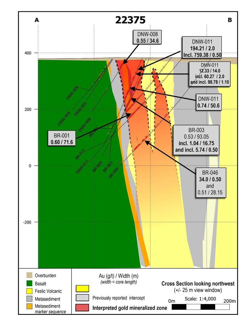 Figure 5: Cross section 22375 showing discovery drill hole DNW-011. (CNW Group/Great Bear Resources Ltd.)