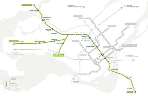 La carte du réseau du REM a été mise à jour afin de tenir compte de ces modifications. (Groupe CNW/Réseau express métropolitain - REM)