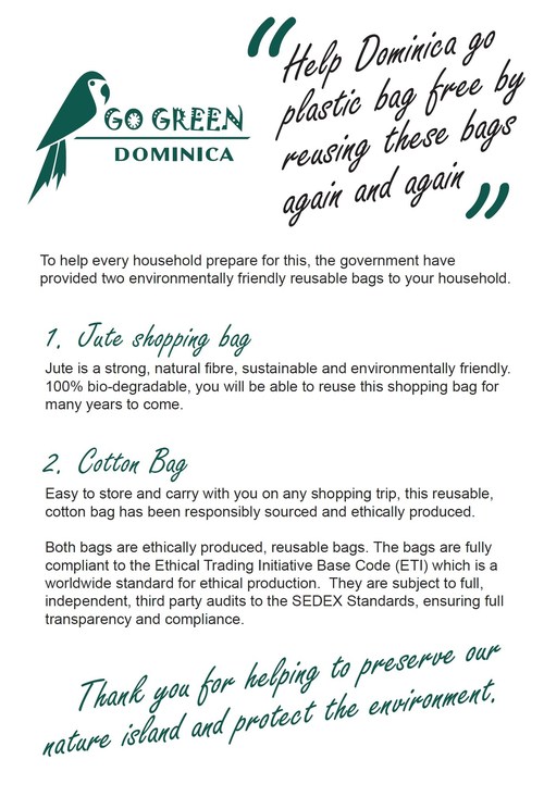 Go Green Dominica - The Dominican Government will provide all households on the island with jute and cotton bags to use as a sustainable alternative to plastic bags. (PRNewsfoto/Government of Dominica)