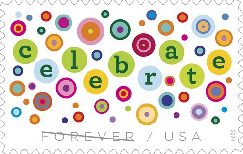 The Postal Service has the perfect decoration for your invitations and happy cards & letters: the new Let’s Celebrate! stamp!