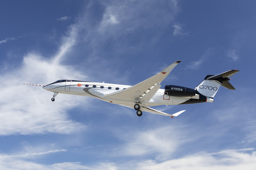 A Gulfstream G700 takes off from Savannah-Hilton Head International Airport on February 14, 2020, marking the first flight of the new business jet and official start of its flight-test program. Gulfstream is a subsidiary of General Dynamics.