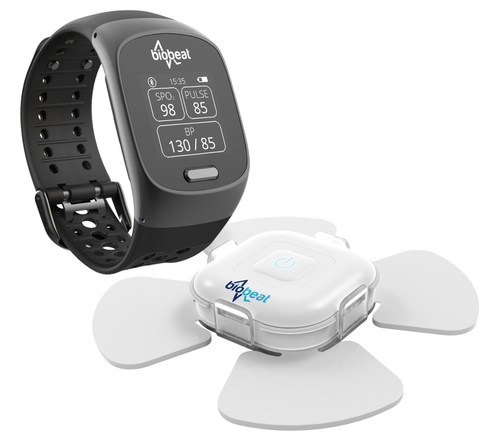 The Biobeat smartwatch and patch connect to the cloud through either a smartphone or a dedicated gateway. Each device is intended for use in different use cases, where the user must wear only one of the two devices. The watch is to be worn on the wrist while the patch is to be placed anywhere on the upper torso.