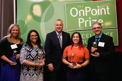 Left to Right: K-8 finalist Nadia Boria, K-8 Educator of the Year Francesca Aultman, OnPoint Community Credit Union President and CEO Rob Stuart, 9-12 Educator of the Year Tori Sharpe, and 9-12 finalist Joe Minato.