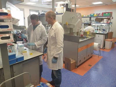 ViAqua Therapeutics CEO Shai Ufaz (at right) with Project Manager Maayan Oliva working on their formulation for protecting shrimp from viral diseases.