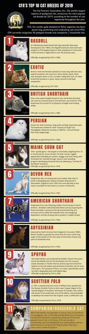 The Cat Fanciers' Association, Inc. (CFA) Announces Top 10 Most Popular Cat Breeds
