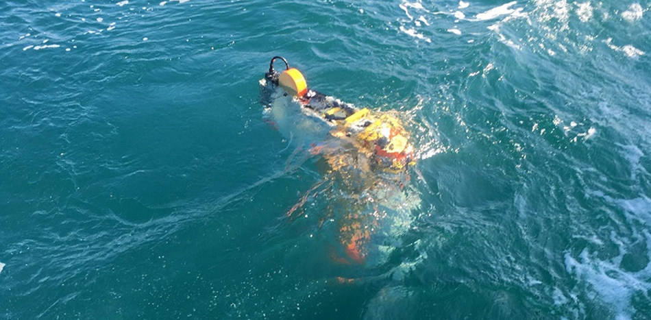 A Wirewalker, driven by waves and currents, sits at the ocean’s surface during a field campaign led by oceanographers from the U.S. Naval Research Laboratory. The Wirewalker was equipped with a variety of instruments to measure light, conductivity, temperature, depth, light and acoustic backscatter, and dissolved oxygen throughout the water column. The NRL study was focused on characterizing biological ocean swarms. (U.S Navy photo, Brad Penta)