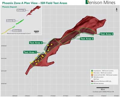 Figure 1: Phoenix Zone A plan view showing Test Areas and well installations completed during 2019. (CNW Group/Denison Mines Corp.)