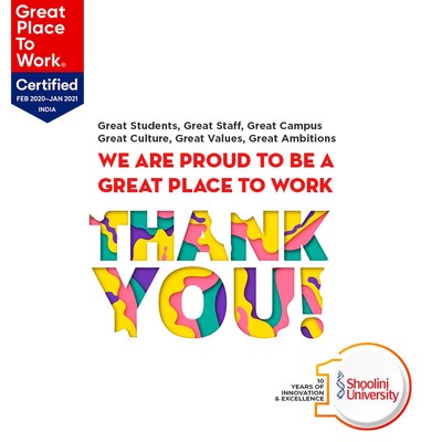 Shoolini University certified ‘Great Place to Work'
