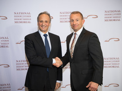 The Ambassador of the State of Kuwait in Washington D.C., H.E. Sheikh Salem Abdullah Al-Jaber Al-Sabah (left), shakes hand with Scott Stump, CEO and President of the National Desert Storm War Memorial Association. Kuwait has pledged $10 million to help build help build the National Desert Storm and Desert Shield Memorial in Washington, D.C