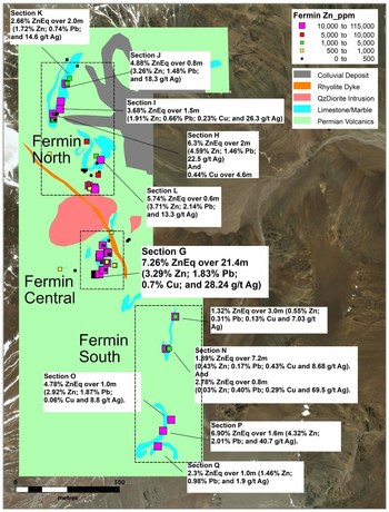 Figure 2. Highlighted results at Fermin Project. Zoomed in maps of the different areas are presented below (CNW Group/Sable Resources Ltd.)