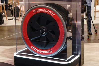 The Bridgestone advanced air free commercial truck tire concept on display at Consumer Electronic Show (CES) 2020.