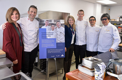 Left to right: Liza Frulla, General Director of the ITHQ; Chef Gilles Herzog, Coach for Team Canada at the Bocuse d'Or and ITHQ instructor; Mélanie Joly, Minister of Economic Development and Official Languages; Alexy Jetté, Commis and ITHQ graduate; Chef Samuel Sirois, Bocuse d'Or Candidate and ITHQ instructor; Chef Alvin Leung, National Coach for Team Canada. (CNW Group/Institut de tourisme et d'hôtellerie du Québec)
