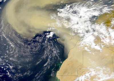 A massive sandstorm blowing off the northwest African desert has blanketed hundreds of thousands of square miles of the eastern Atlantic Ocean with a dense cloud of Saharan sand. The massive nature of this particular storm was first seen in this Sea-Viewing Wide Field-of-View satellite image acquired Feb. 26, 2000 when it reached over 1000 miles into the Atlantic. (Courtesy image by Norman Kuring, NASA)