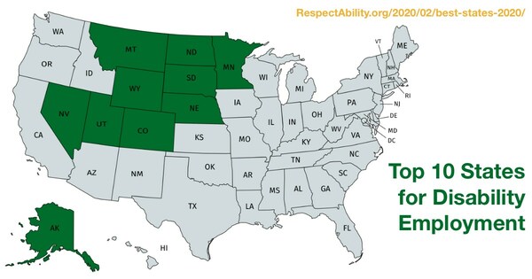 This map shows the top 10 states with the lowest employment gap between people with and without disabilities.