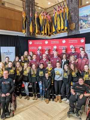 2025 Canada Games Bid Launch - The Honourable Dwight Ball, Premier of Newfoundland and Labrador, Honourable Lisa Dempster, Minister of Children, Seniors and Social Development, Derek Bennett, Secretariat for the Canada Games, Danny Breen, Mayor of St. John's, Nathan Young, World Youth Olympic Gold Medalist, Canada Games Council Board Director and 2025 Bid Evaluation Committee Chair, Lynn Blouin with local Newfoundland and Labrador athletes. (CNW Group/Canada Games Council)