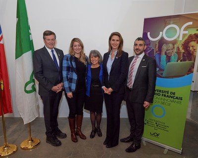Mr. John Tory, Mayor of Toronto,
Ms. Mlanie Joly, Minister of Economic Development and Official Languages (Canada),
Ms. Dyane Adam, Chair of the Board of Governors of the Universit de l'Ontario franais,
Ms. Caroline Mulroney, Minister of Transportation and Francophone Affairs (Ontario),
Mr. Ross Romano, Minister of Colleges and Universities (Ontario) (CNW Group/Universit de l'Ontario franais (UOF))