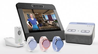 Addison the Virtual Caregiver&trade; appears on a touch-screen device, alongside Electronic Caregiver's other health and safety monitoring devices, including the Premier and Pro Health.