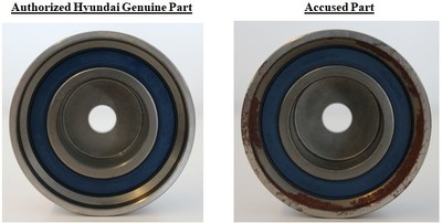 Side-by-side of a genuine Idler Assembly part (on the left) compared to DTI's part (on the right) displaying unsafe corrosion.