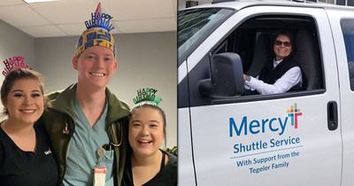 Dr. Charles Albritton celebrates his Leap Day birthday with Mercy co-workers. Cindy Huelsing, a shuttle driver, is one of only 33 Mercy co-workers with a Leap Day birthday.