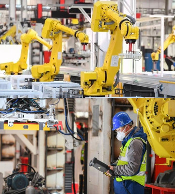 Robots work in the No. 18 intelligent manufacturing factory of SANY Concrete Machinery BU  in Changsha, China.