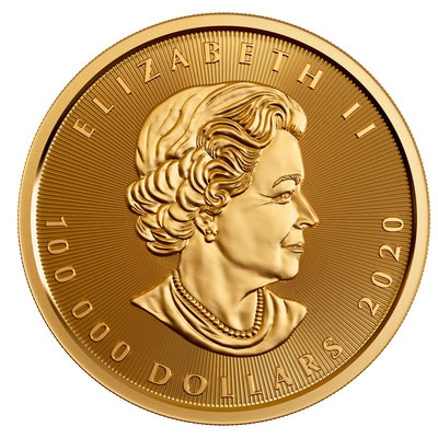 加拿大皇家造幣廠重達10公斤、99.999%純金打造的楓葉金幣（正面）