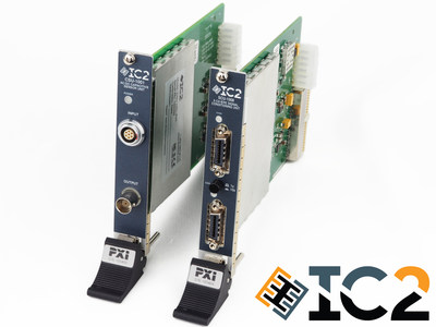 IC2's current PXI offerings; DirectShear Control Unit (left) and 8-Channel IEPE Signal Conditioner (right).