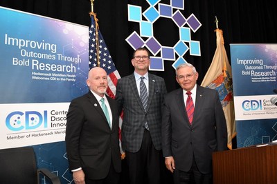 From today&rsquo;s coronavirus press conference at the Hackensack Meridian CDI (from left): Dr. Daniel Varga, Dr. David Perlin, and Sen. Robert Menendez (D-NJ).