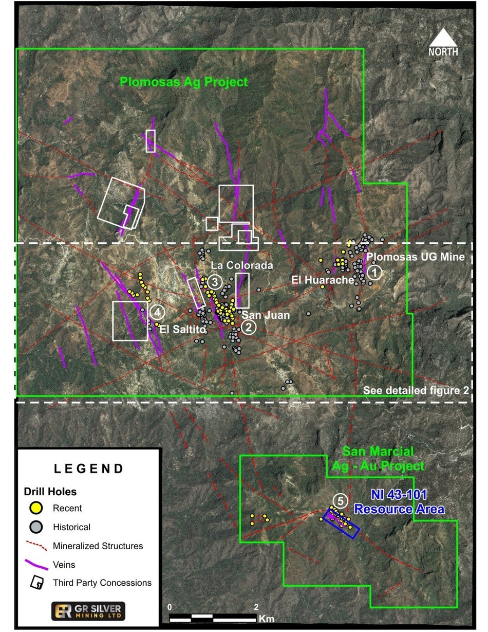Figure 1 – Landsat Image Plomosas Silver Project – Targets – Known Veins – Mineralized Structures. (CNW Group/GR Silver Mining Ltd.)