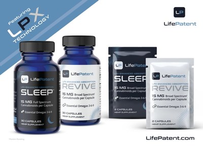 LifePatent's innovative LPX Technology delivers unrivaled bioavailability to the hemp-CBD marketplace. LifePatent Revive is a 15mg THC-Free broad-spectrum capsule.  LifePatent Sleep delivers 15mg of full-spectrum whole-hemp cannabinoids and is formulated for those seeking CBD as a sleep aid. LifePatent capsule formulations enable a more convenient, efficient and palatable oral delivery of cannabinoids.