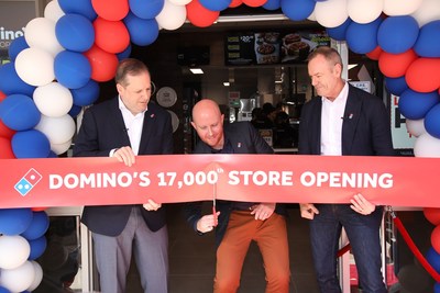 Joe Jordan, Domino's Executive Vice President, International, Nick Knight, Domino’s Pizza Enterprises Ltd. CEO of Australia and New Zealand and Don Meij, the Group CEO and Managing Director of Domino’s Pizza Enterprises Ltd, commemorate the opening of the brand’s 17000th store in the world with a special ribbon cutting ceremony at Domino’s, located in Bradbury, New South Wales, Australia.