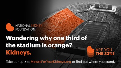 "Are You the 33%?"  is a nationwide campaign launched today by the National Kidney Foundation, U.S. Department of Health and Human Services and American Society of Nephrology which focuses on the 1 in 3 American adults, or 33%, at risk for developing kidney disease.