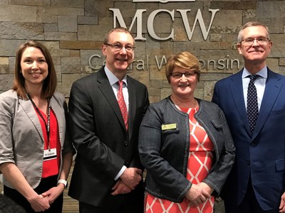 The Medical College of Wisconsin (MCW) has expanded its MCW-Central Wisconsin campus located in Wausau to a larger space. Pictured from left to right are Andrea Allard, vice president of operations for Ascension Medical Group; Matt Heywood, president and CEO of Aspirus; Dr. Lisa Dodson, Sentry Dean and Founding Dean of MCW-Central Wisconsin; Dr. John R. Raymond, Sr., president and CEO of MCW.