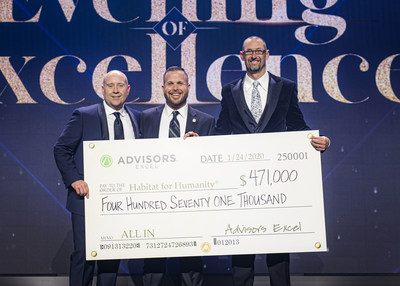 Habitat for Humanity's Vice President for Individual Giving, middle, receives check from Advisors Excel Co-Founders Cody Foster, left and David Callanan, right.