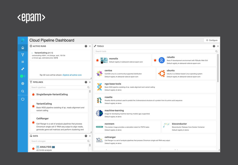 An open source, web-based platform, the EPAM Cloud Pipeline enables scientists to build and run customized scripts and workflows required to support genomics analysis, modeling and simulation, as well as machine learning.